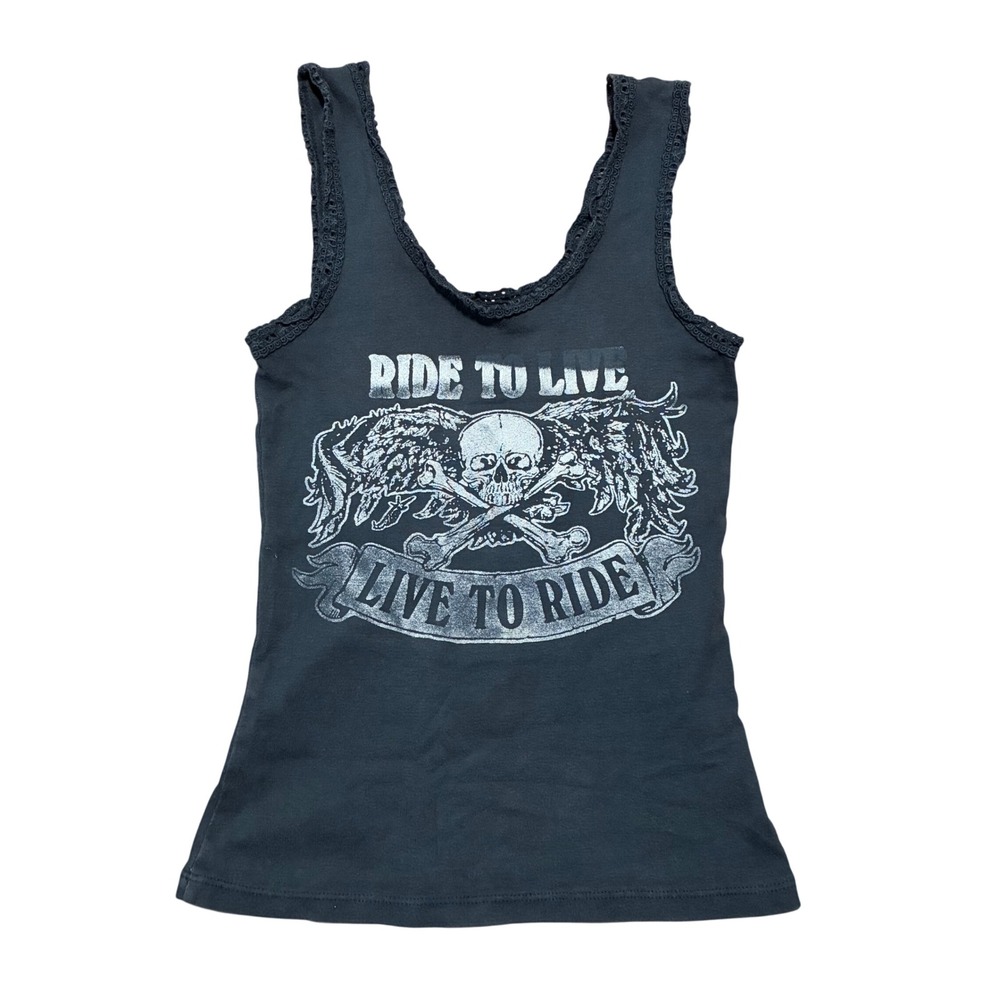 Y2K 2000s Biker Graphic Tank Top Skull Crossbones Lace Trim Charcoal grey grunge - Picture 2 of 6